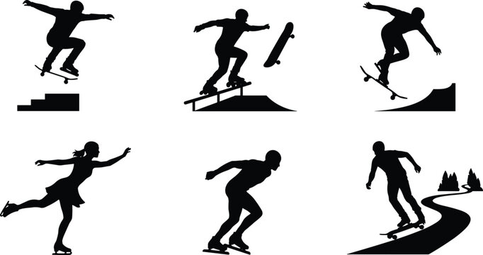Skating silhouette illustration set, skateboarding and roller sports artwork, ice skating design inspiration, dynamic skater pose collection
