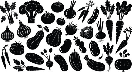 Obraz premium Vegetable silhouette illustration set, food and nutrition artwork, healthy eating design inspiration, decorative vegetable symbol collection