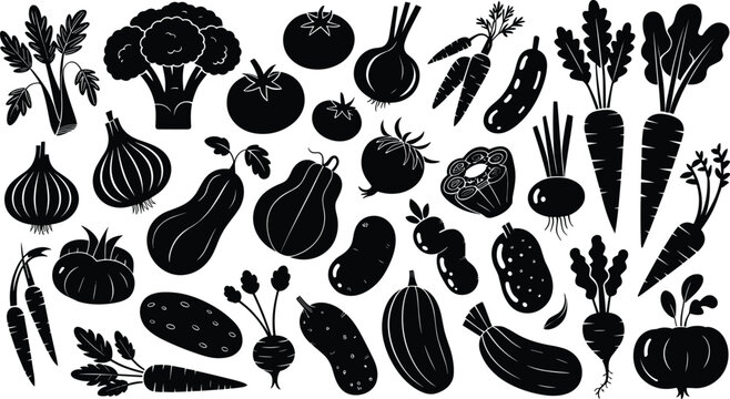 Vegetable silhouette illustration set, food and nutrition artwork, healthy eating design inspiration, decorative vegetable symbol collection