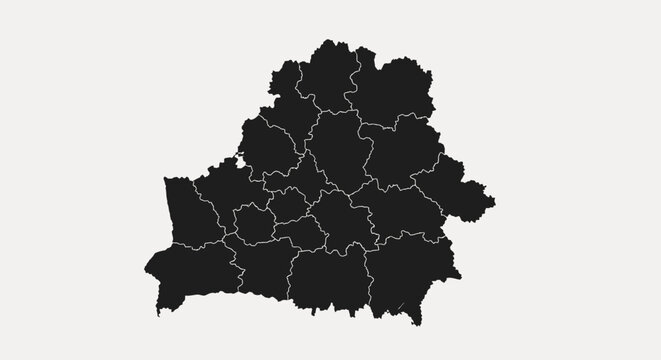 Map of Belarus with administrative divisions, black silhouette on a light gray background.