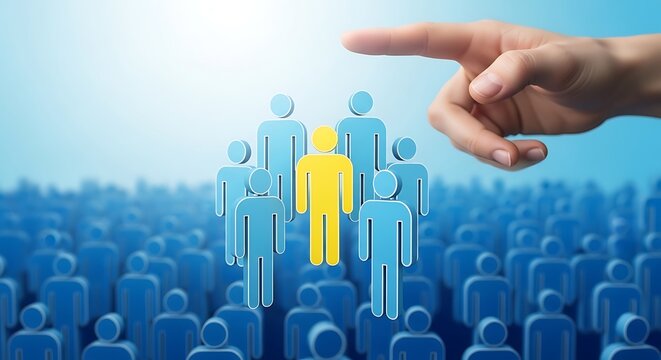 A hand pointing to a standout individual in a crowd of people