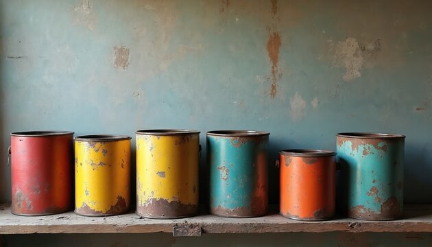 Row of old rusty paint cans in vibrant colors. Metal containers hold leftover shellac varnish, lacquer, enamel. Discarded home renovation waste.