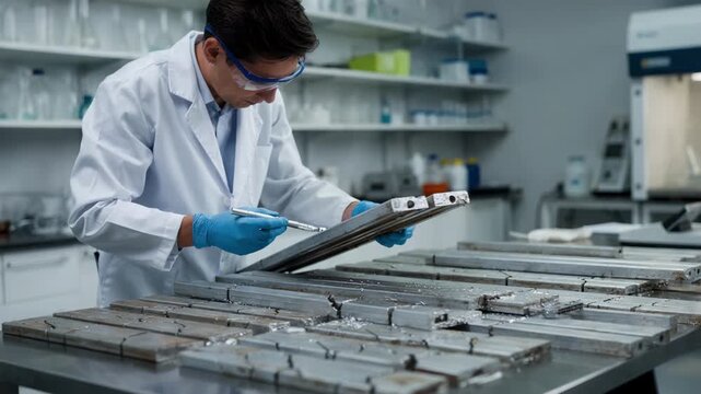 Researcher testing pipeline coating samples in a lab setting developing innovative microcapsulebased formulas that automatically seal small cracks and enhance durability.