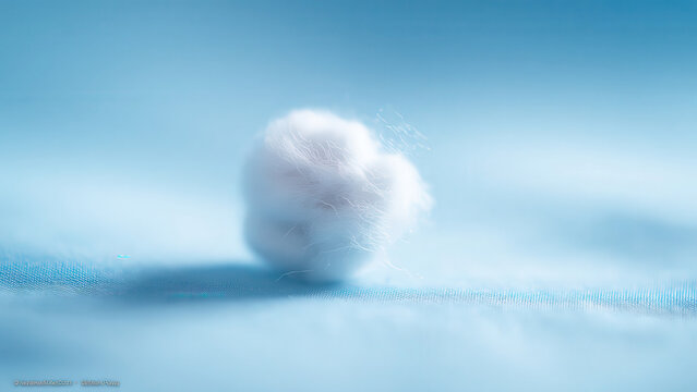 A fluffy white object, resembling cotton or a cloud, with fine wisps, rests on a soft blue surface, creating a tranquil scene.