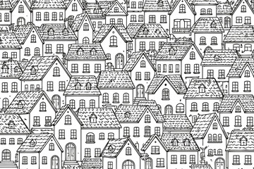 Obraz premium A dense urban landscape illustration featuring a collection of hand drawn houses and rooftops Vector