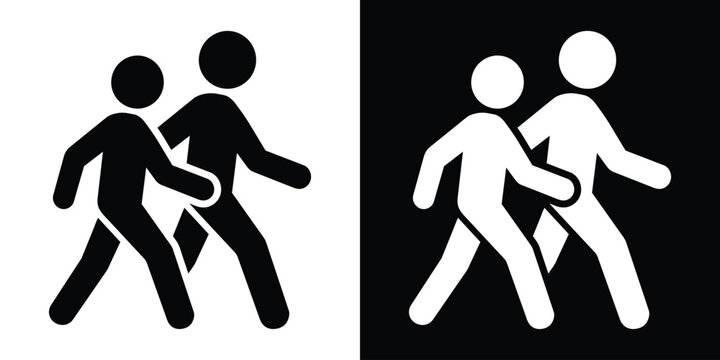 Silhouette style icon of two people walking together. Vector graphic representing pedestrians, commuting, public movement, or a walking tour. Modern flat design for signage and web.