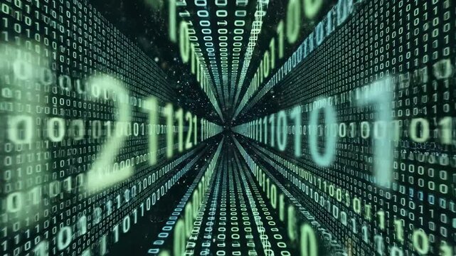 Digital tunnel of binary code with flowing numbers in green and blue hues, creating a sense of depth and movement through a futuristic data environment