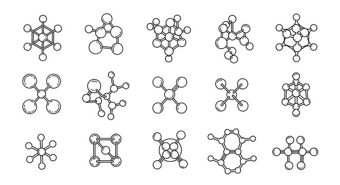 Collection of 12 black and white molecular structure diagrams