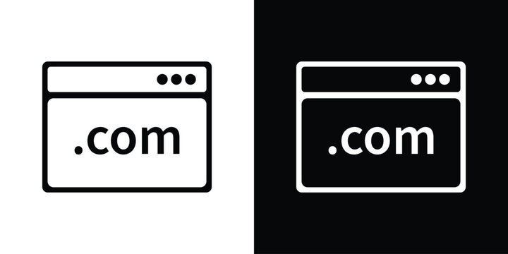 Clean web browser icon displaying the ".com" domain suffix. Professional vector graphic symbolizing website hosting, URL registration, internet business, and global web presence.