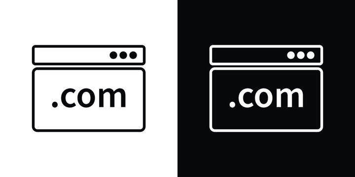 Clean web browser icon displaying the ".com" domain suffix. Professional vector graphic symbolizing website hosting, URL registration, internet business, and global web presence.