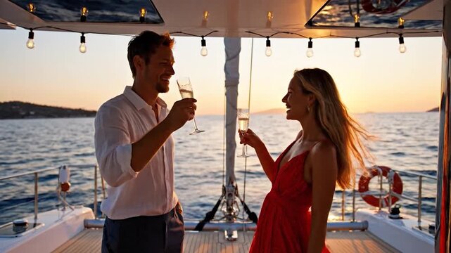 Couple celebrating with champagne on a boat at sunset
