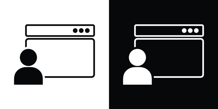 Web browser window icon paired with a human profile silhouette. Minimalist graphic representing user accounts, member login, personal dashboard, and web-based administrative access.