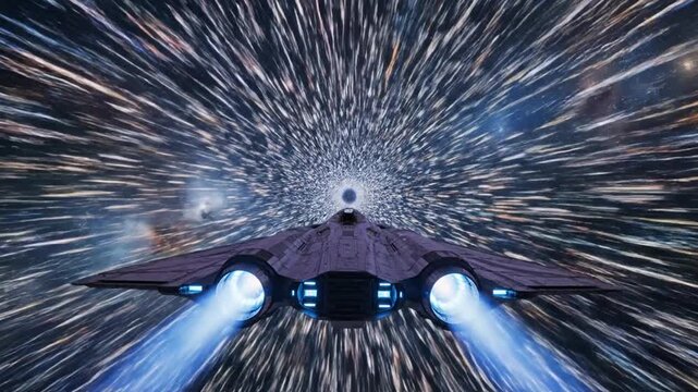 Futuristic spacecraft speeding through an illuminated warp tunnel, depicting high-velocity interstellar travel and advanced cosmic exploration within a dynamic space-time continuum