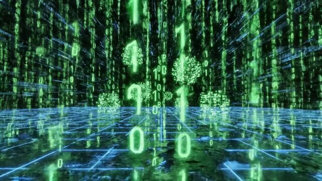 Dynamic digital environment filled with vibrant green binary code cascading across a virtual grid, symbolizing the intricate flow of data and advanced computing