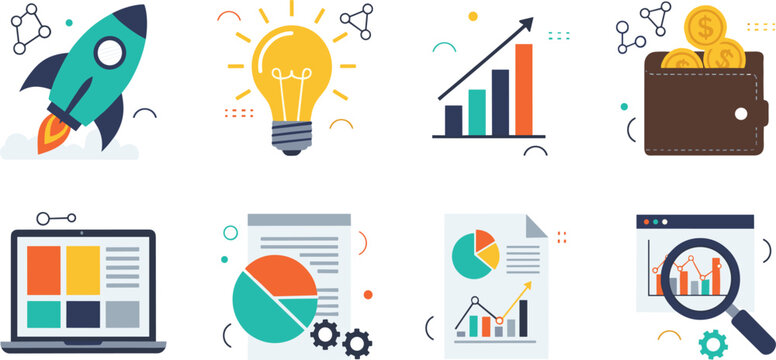 Business Data Analytics and Financial Growth Icon Set Featuring Startup Rocket, Idea Bulb, Bar Charts, Wallet with Money, and Market Research Illustrations