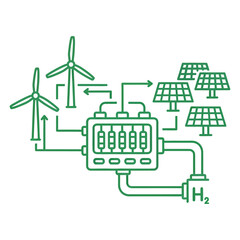 Fototapeta premium Renewable energy system with wind turbines and solar panels generating hydrogen