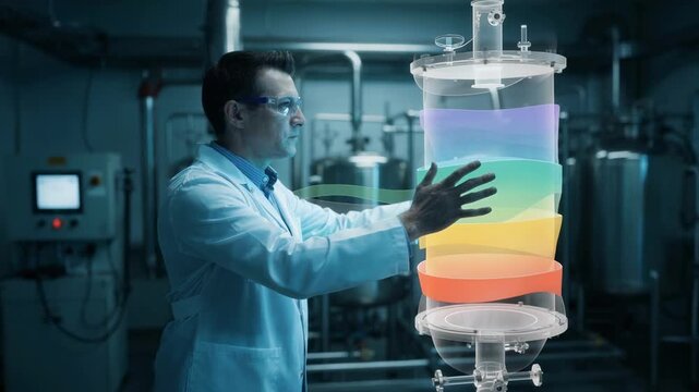 Medium shot showing an engineer monitoring critical bioreactor parameters via a virtual model display ensuring optimal fermentation conditions in real time.
