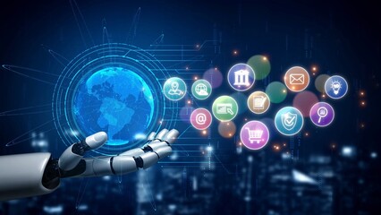 Fototapeta premium AI assists in organizing and visualizing a digital ecosystem of business icons to represent key services like finance, analytics, and secure cloud platforms in modern industries Marrow