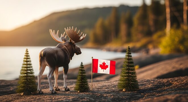Moose standing proudly with canadian flag in a serene natural setting