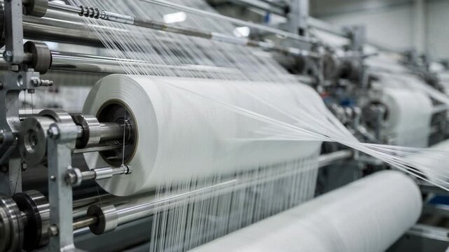 Medium shot of hightenacity polyester yarn being spun into tire cords highlighting precise machinery and tension control for durable automotive reinforcement.