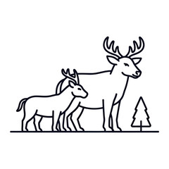 Obraz premium Mother deer and fawn standing together in a forest, line art illustration