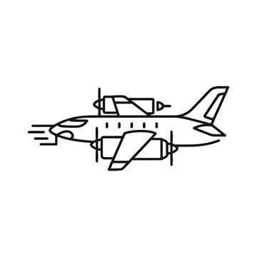 Minimalist line drawing of a twin-engine propeller aircraft in flight