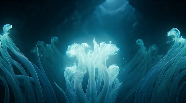 Luminous blue-green fibrous structures emanate a bright central glow in darkness