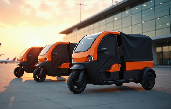 Orange electric three wheelers parked in line at modern transport hub. Vehicles await loading near airport terminal building at sunset. Eco friendly cargo transport.