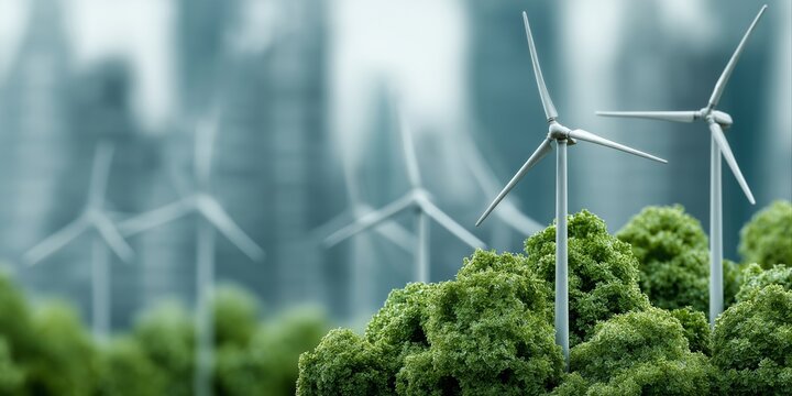 Wind Turbine Models for Renewable Energy Standing in a Green Landscape with a Blurred City Skyline Background Symbolizing a Sustainable Future