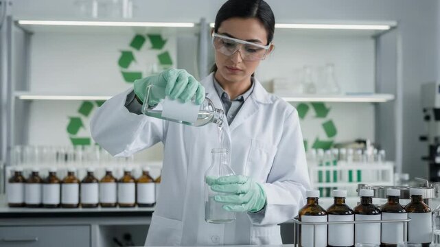 Medium shot of a technician carefully pouring plantderived biobased reagents into a container highlighting sustainable storage and handling in a modern lab environment.