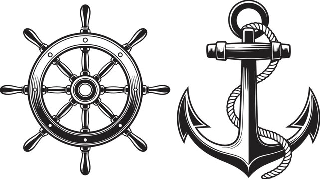 Classic nautical ship wheel and anchor with rope in black and white illustration