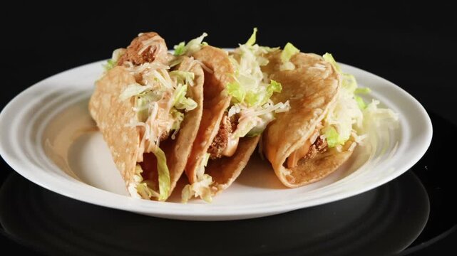 Close Up of Three Crispy Tacos Rotating on a White Plate