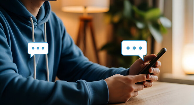 Man in blue hoodie texting on smartphone with chat bubbles