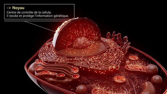 Conceptual 3D Animation of a Eukaryotic Cell with Labeled Organelles in french