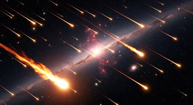 Meteor shower streaks across a dark sky with bright celestial bodies exploding in a spectacular display of natural fireworks in space.
