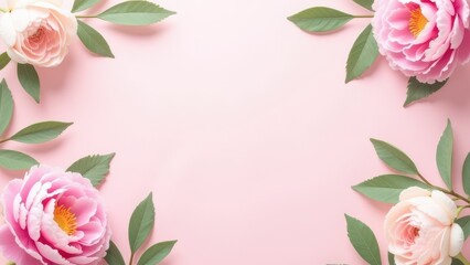 green leaves and peony flowers pattern on pink pastel background festive banner concept