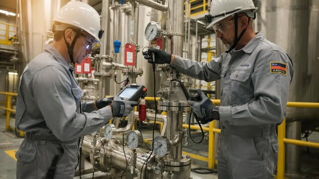 Medium shot of gum resin plant shutdown phase focusing on workers securing equipment and running safety checks in a lowVOC chemical production environment.