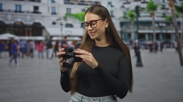 Woman holding dslr camera with hands checking settings on street while smiling and wearing glasses, reviewing images on the display; curiosity interest.