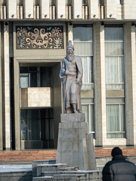 Vertical photo of bronze statue of Bakai, an epic Kyrgyz hero, taken in Bishkek 