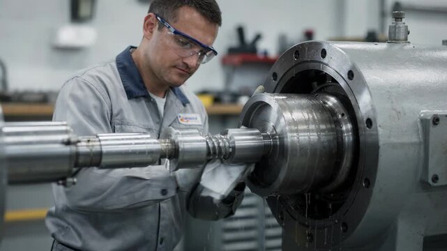 Technician performing cleaning and lubrication on an extruder barrel and screw focusing on precision and equipment care in medium shot.