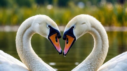 Fototapeta premium Two elegant swans form a perfect heart with necks