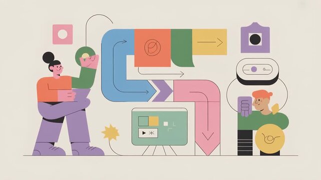 Minimal flat design with geometric characters performing automated tasks. Clean, modern style emphasizing efficiency, workflow, and futuristic automation.
