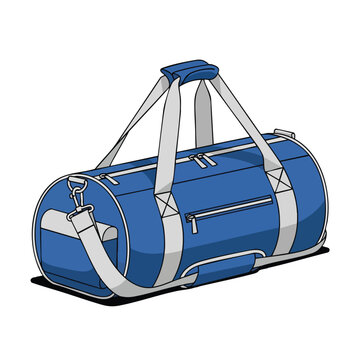 Blue duffel bag with grey trim and straps, featuring multiple zippered pockets