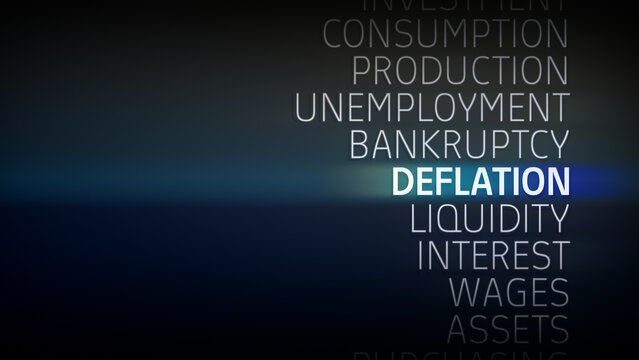 Economic terms surround the highlighted word deflation on a dark blue gradient background, illustrating financial slowdown, liquidity concerns, and market stress.