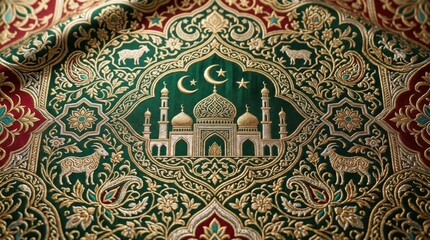 Fototapeta premium Intricate Islamic Carpet Design With Mosque And Sheep Motifs Green Gold Red