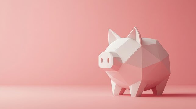 Leftfacing low poly piggy bank, Simple low poly piggy bank facing left with space, Cartoonish low polygon style piggy bank oriented left with lots of free space for advertising and branding