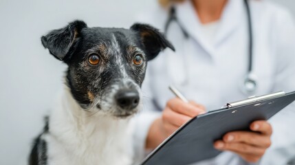 Obraz premium A veterinarian examines a dog in a clinic setting. A vet giving a treat to a dog