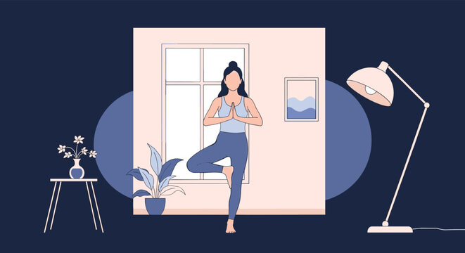 Woman practicing yoga in a tree pose in a cozy room with a window, plant, and lamp, peaceful home exercise vector illustration.