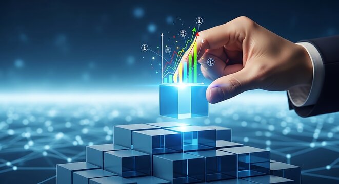 A hand places a glowing orb on a bar graph rising from a pyramid of cubes in a futuristic digital landscape with data visualization elements.