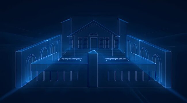 Electric blue outlines sketch a futuristic building with glowing arched barriers and light